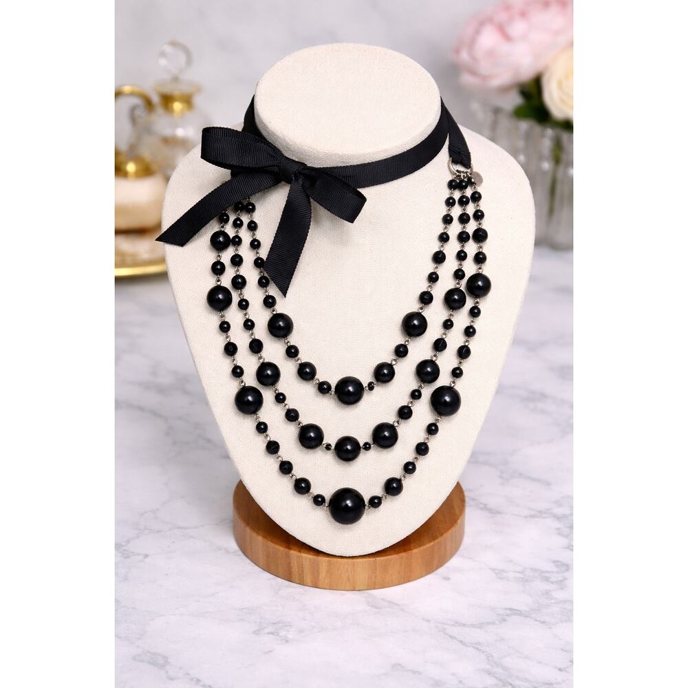 Talbots Black Beaded Ribbon‑Tie Necklace – Faceted Beads | 11”+ Drop